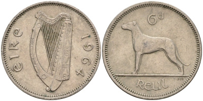 Ирландия 6 пенсов 1964 ирландский волкодав KM 13a медно-никель 4146-454