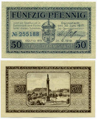 Германия, Дармштадт 50 пфеннигов 1917-1919 30 июня 1917 - 31 декабря 1919, нотгельд, земля Гессен, номер серии голубой Grabowski D5.1c  бумага  UNC (пресс) 8613-19-1-2