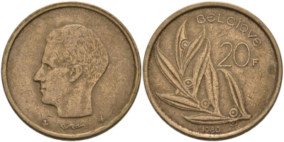 Бельгия 20 франков 1980 Belgique, Бодуэн I (1951-1993) KM 159 никель бронза 4573-444