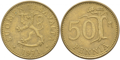 ФИНЛЯНДИЯ 50 ПЕННИ 1971 S KM 48 алюминиевая бронза 3457-924