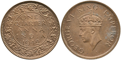Британская Индия 1/4 анна 1942 Георг VI (1937-1952) KM 531 бронза aUNC 3461-154