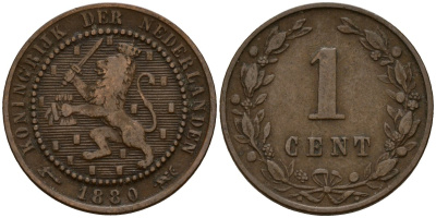 Нидерланды 1 цент 1880 Виллем III (1849-1890) KM 107 бронза 4154-859