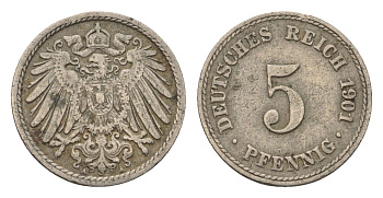 Германия 5 пфеннигов 1901 A KM 11, J. 12 медно-никель 4696-621