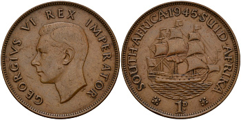 ЮАР 1 пенни 1945 Георг VI (1937-1952) KM 25 бронза 69-414