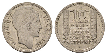 Франция 10 франков 1946 B KM 908.2, Le Franc 361.4 медно-никель 4660-243