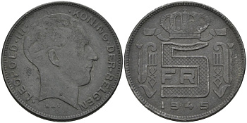 Бельгия 5 франков 1945 BELGEN, Леопольд III (1934-1947) KM 130 цинк VF+ 1528-511