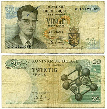 Бельгия 20 франков 1964 Бодуэн I, атомиум, Esselens Pick 138 (2) бумага 6262-52-1-2