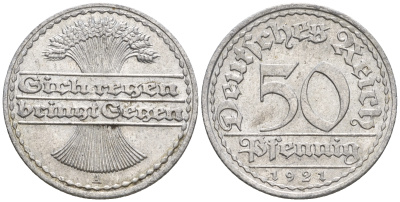 Германия 50 пфеннигов 1921 A KM 27, J. 301 алюминий 60-1123