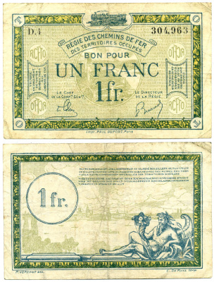 ФРАНЦИЯ 1 ФРАНК 1910 ТРЕБОВАНИЕ НА 1 ФРАНК ДЛЯ ПРОЕЗДА ПО ЖЕЛЕЗНЫМ ДОРОГАМ НА ОККУПИРОВАНЫХ ТЕРРИТОРИЯХ Pick бумага 7523-56-4-1
