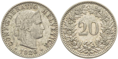 Швейцария 20 раппенов 1920 В KM 29 никель 4514-532