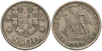 Португалия 5 эскудо 1982 парусник KM 591 медно-никель 4619-714