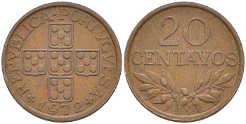 Португалия 20 сентаво 1972 KM 595 бронза 187-518