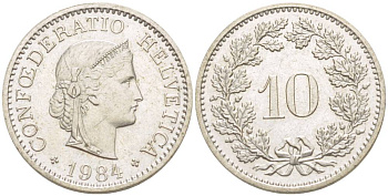 ШВЕЙЦАРИЯ 10 РАППЕНОВ 1984 KM 27 медно-никель 4529-725