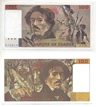 ФРАНЦИЯ 100 ФРАНКОВ 1990 ЭЖЕН ДЕЛАКРУА Pick 154d бумага XF+ 3295-43-1
