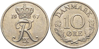 Дания 10 эре 1967 C; S, Фредерик IX (1947-1972) KM 849.1 медно-никель 201-1226