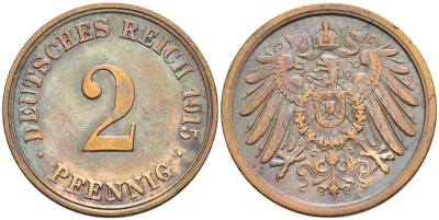 ГЕРМАНИЯ 2 ПФЕННИГА 1915 A KM 16, Jager 11, Weege 4 медь 4546-737