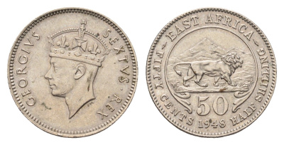 Британская Восточная Африка 50 центов 1948 Георг VI (1936-1952) KM 30 медно-никель aUNC 220-828