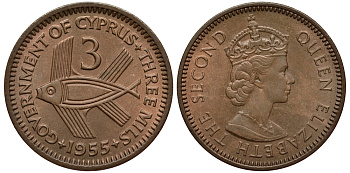 Кипр Британский 3 миля 1955 Елизавета II (1952-2022), рыба KM 33 бронза 214-545