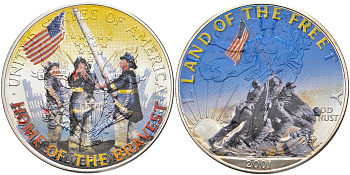 США 1 доллар 2001 HOME OF THE BRAVEST/LAND OF THE FREE, цветная эмаль серебро UNC 00-00