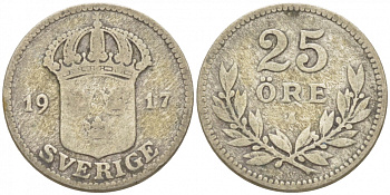 Швеция 25 эре 1917 W, Густав V (1907-1950) KM 785 серебро 3309-856