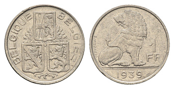 Бельгия 1 франк 1939 Леопольд III (1934-1950), Belgique-Belgie, лев KM 119 никель 4648-1135