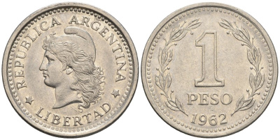 Аргентина 1 песо 1962 голова свободы влево KM 57, Schon 57 сталь плакированная никелем    60-1021