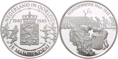 Нидерланды медаль ND Голландия в войне 1940-1945, голодная зима 1944-1945 годов, 31,3 гр, 45,0 мм  серебро  PROOF  11-241-45