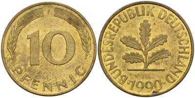 ФРГ 10 пфеннигов 1990 F KM 108, J. 383 сталь плакированная латунью 4171-232