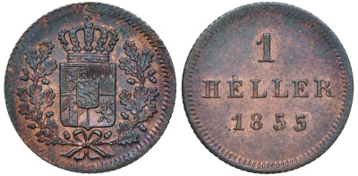 Бавария 1 геллер 1855 Максимилиан II (1848-1864) AKS 162 медь 4174-1022