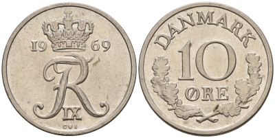 Дания 10 эре 1969 C,S, Фредерик IX (1947-1972) KM 849.1 медно-никель    4596-322