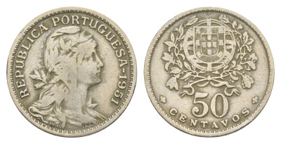 Португалия 50 сентаво 1951 голова Свободы вправо KM 577 никель латунь 4385-721