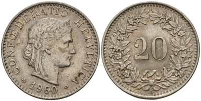 Швейцария 20 раппенов 1960 B KM 29a медно-никель 4187-545