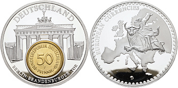 НИДЕРЛАНДЫ МЕДАЛЬ ND МОНЕТА НА МЕДАЛИ, СЕРИЯ ДОЕВРОВЫЕ ЕВРОПЕЙСКИЕ МОНЕТЫ, ГЕРМАНИЯ 50 ПФЕННИГОВ 1982, ГЕРМАНИЯ, БРАНДЕНБУРГСКИЕ ВОРОТА, ДИАМЕТР 50 ММ. серебрение PROOF 1069-4-21