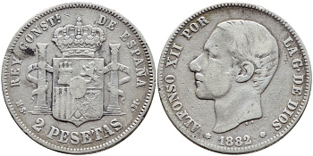 Испания 2 песеты 1882 MS-M, Альфонсо XII (1874-1885) KM 678 серебро 443-625