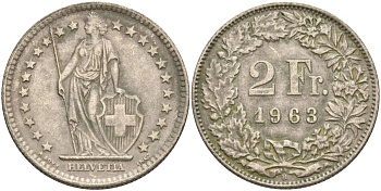Швейцария 2 франка 1963 KM 21 серебро 4607-543