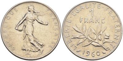 Франция 1 франк 1960 сеятель KM 925.1, LE FRANC 226.4 никель    4177-223