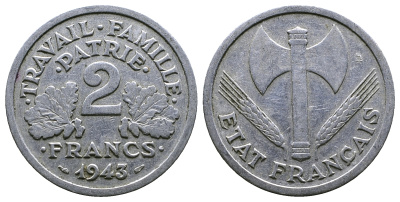 Франция 2 франка 1943 правительство Виши KM 904.1 алюминий 261-452