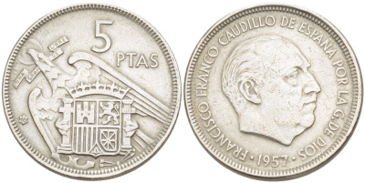 ИСПАНИЯ 5 ПЕСЕТ 1957 (65) ФРАНСИСКО ФРАНКО ДИКТАТОР ИСПАНИИ ( 1939- 1975) KM 786 медно-никель 216-645
