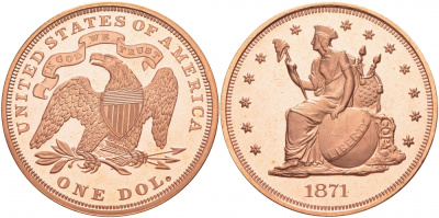 США 1 ДОЛЛАР 1871 КОПИЯ ИЗВЕСТНОЙ РЕДКОЙ МОНЕТЫ, КРАСНЫЙ МЕТАЛЛ PROOF 1088-3-24