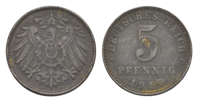 Германия 5 пфеннигов 1917 A, Вильгельм II (1888-1918) KM 19, J. 297, Weege 5 железо плакированное цинком 4640-158