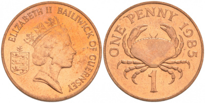 Гернси 1 пенни 1985 Елизавета II (1952-2022), краб KM 40 бронза UNC M24-15