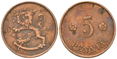 Финляндия 5 пенни 1930 KM 22 медь 4174-412