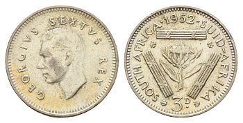 ЮАР 3 пенса 1952 Георг VI (1936-1952) KM 35.2 серебро 4392-269