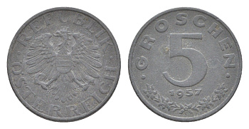 Австрия 5 грошей 1957 KM 2875 цинк 4643-438