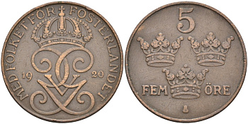 Швеция 5 эре 1920 Густав V (1907-1950) KM 779.2 бронза 4557-544