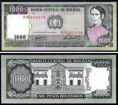 Боливия 1000 песо боливиано 1982 Хуана Асурдуи де Падилья Pick 167a (3) бумага UNC (пресс) 2195-27-2-2