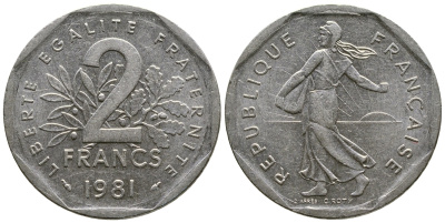 ФРАНЦИЯ 2 ФРАНКА 1981 СЕЯТЕЛЬ KM 942.1, LE FRANC 272.5 никель 51-4532