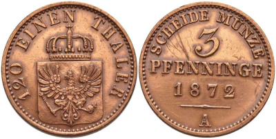 ПРУССИЯ 3 ПФЕННИГА 1872 А, ВИЛЬГЕЛЬМ I (1861-1888), В ЛАКЕ KM 482 медь 117-1133