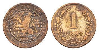 Нидерланды 1 цент 1878 Виллем III (1849-1890) KM 107 бронза 53-154