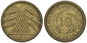 Германия 10 рентенпфеннигов 1924 F KM 33, J. 309 алюминиевая бронза 4121-852